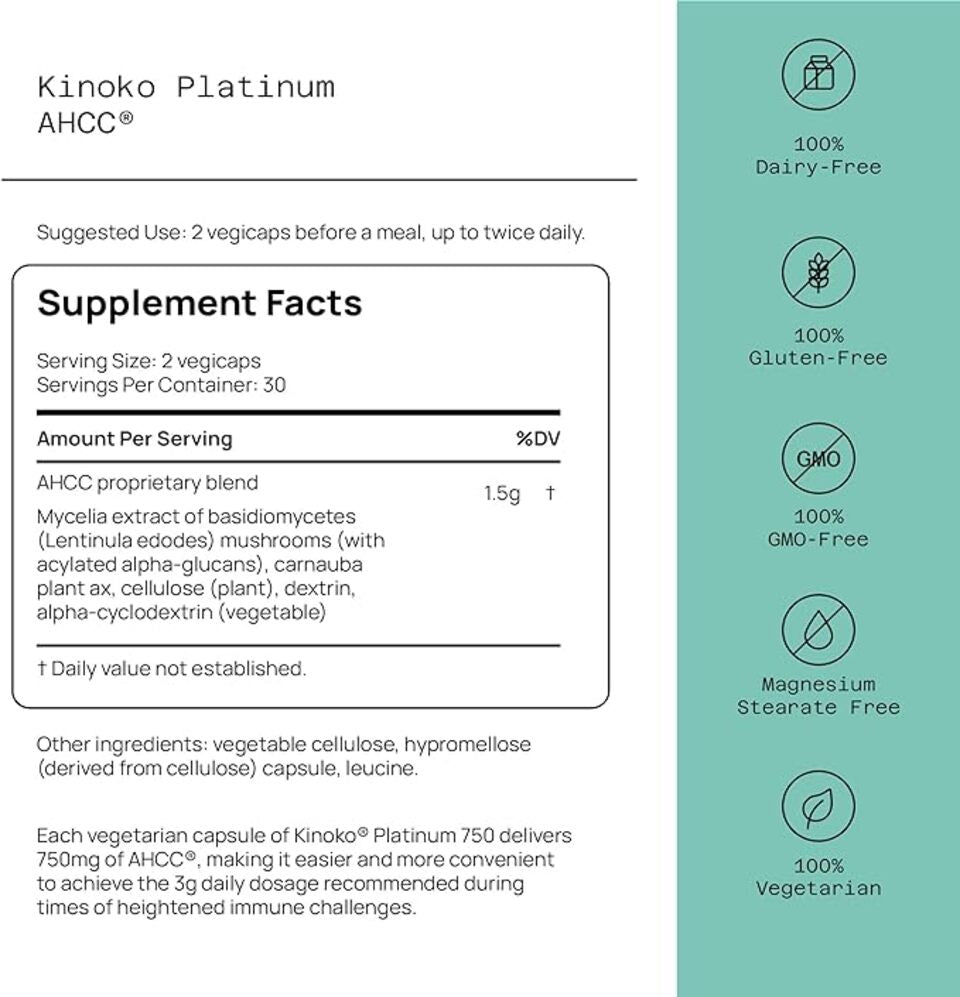 Premium Kinoko Platinum AHCC Supplement, 750mg, 60 Veggie Capsules