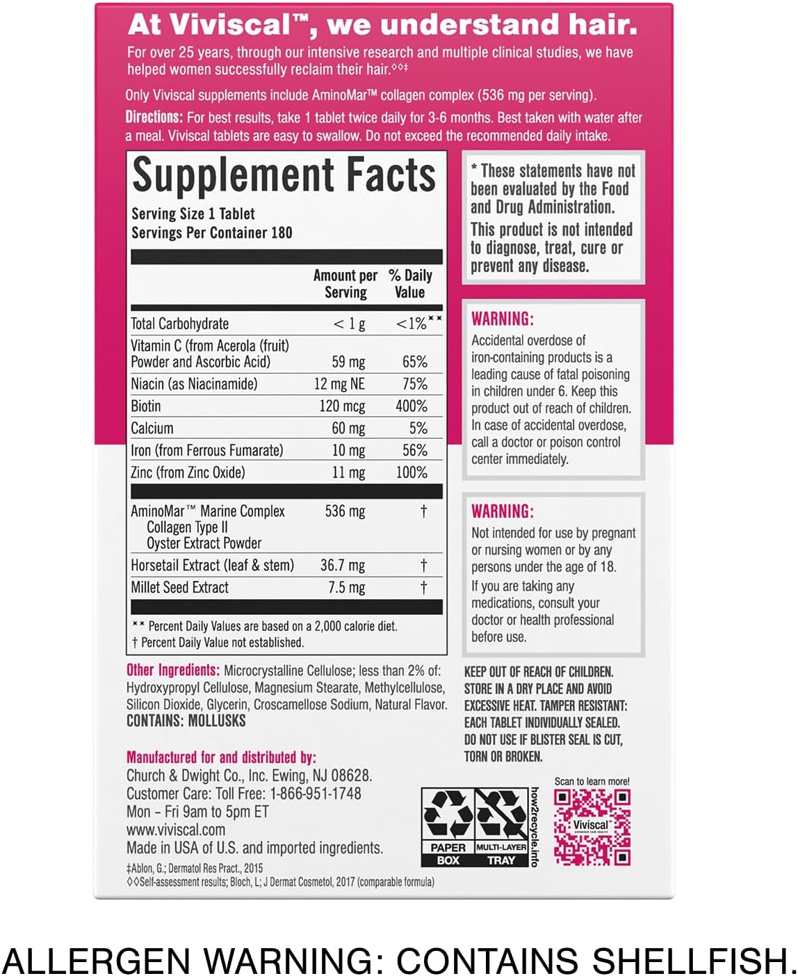 Viviscal Hair Growth Supplements For Women For Thicker, Fuller Hair, Nourishes Thinning & Loss, With Proprietary Collagen Complex, 180 Tablets - Clearance Sale Viviscal